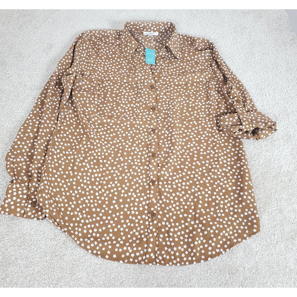 Maurice's Women's Blouse SZ M Tan (Camel) Floral Long Sleeve Roll Up Option NWTG